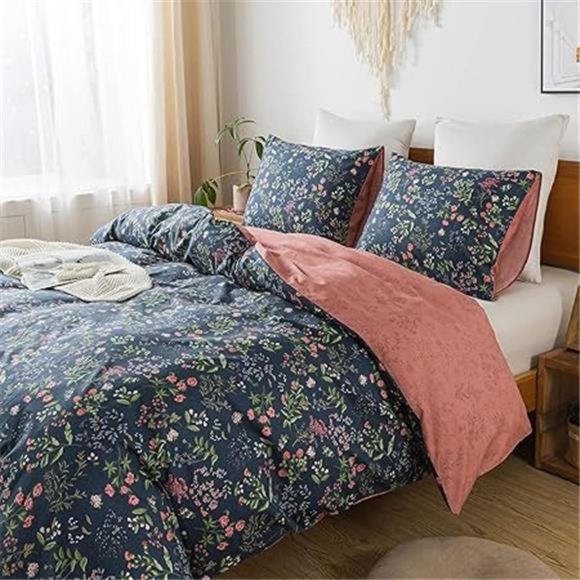 Queen Duvet Cover Set - 100% Cotton Floral Duvet Soft & Breathable with Zipper - Picture 6 of 8